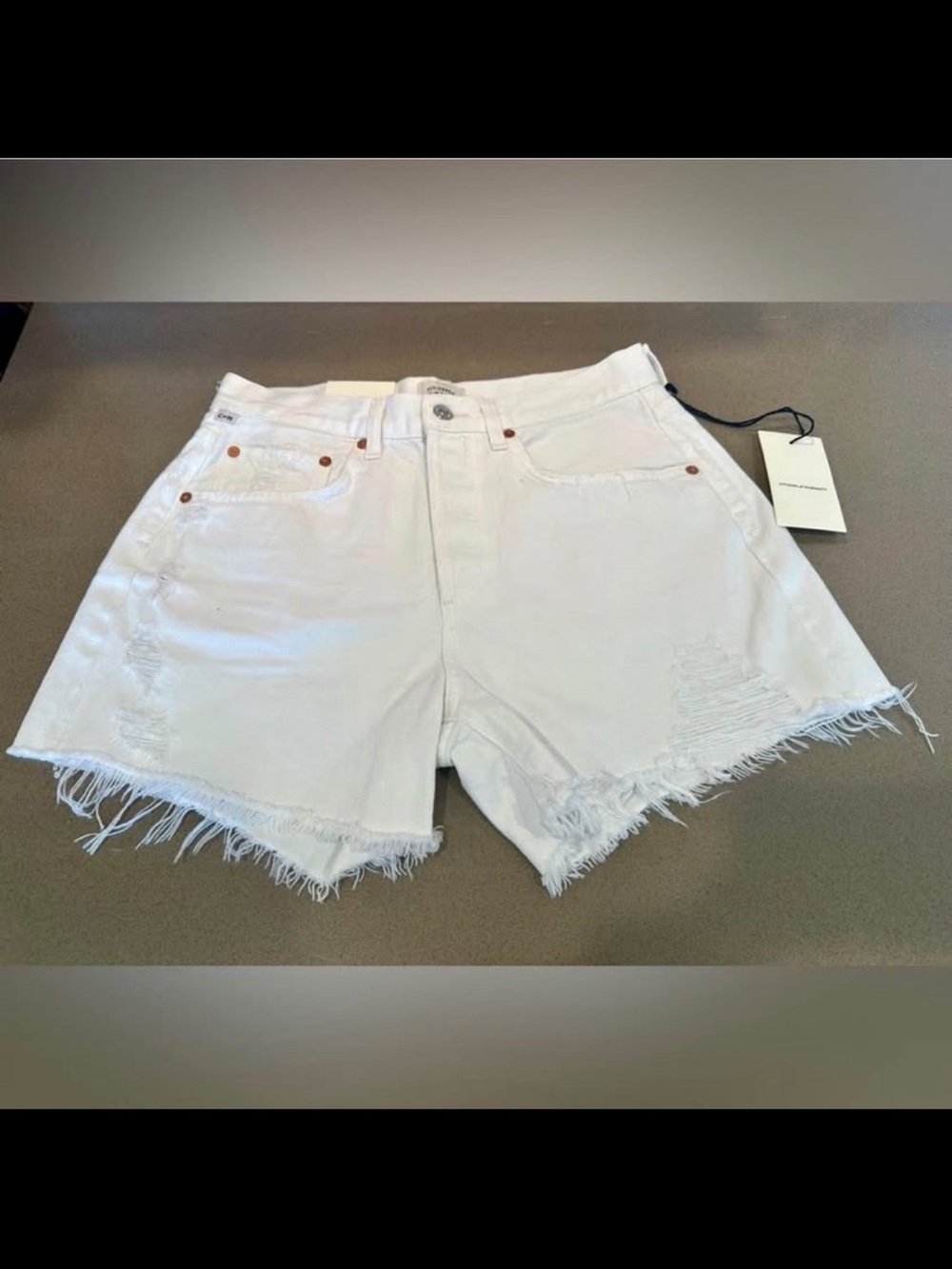 NWT Citizens of Humanity Annabelle Long Distressed Denim Shorts Whitesides White